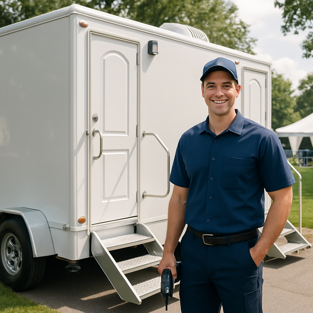 Restroom trailer attendant team managing supplies and cleanliness for North Carolina events